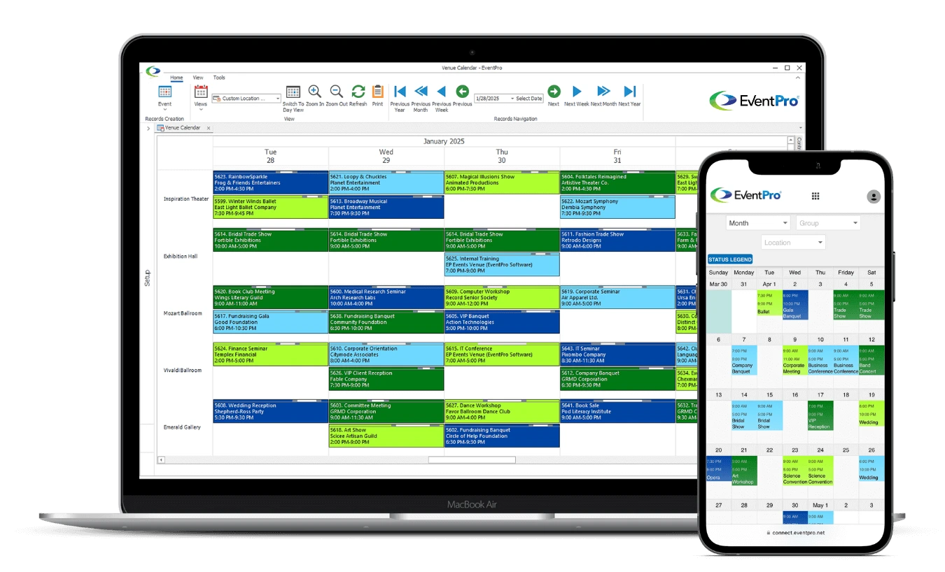 EventPro software displayed on laptop and mobile screens